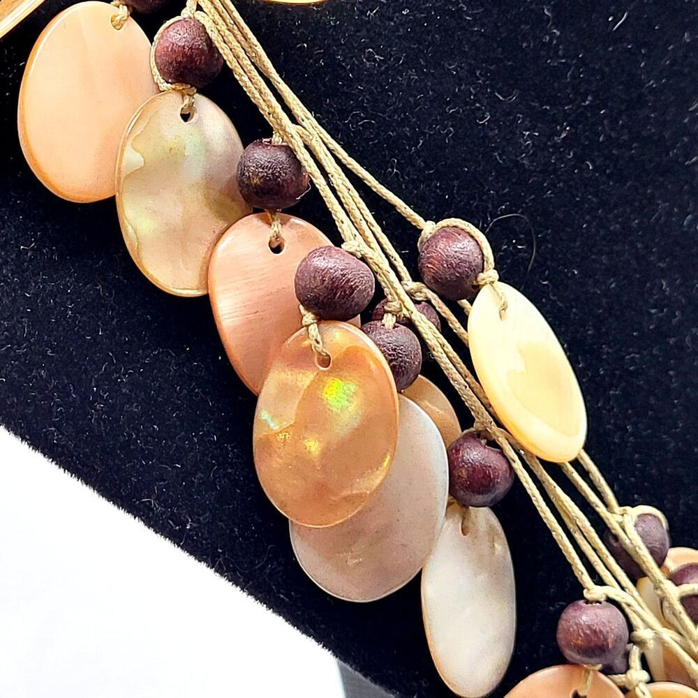 Chicos Necklace Layered Beaded Fringe Abalone Cord Chain 24"